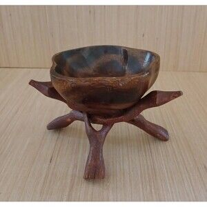 Small Wood Scallop Shaped Dipping Bowl Trinket Holder with Foldable Wooden Stand